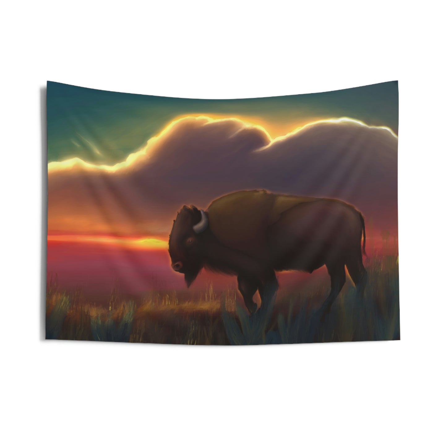 Bison in the Sunset Fields Indoor Wall Tapestries